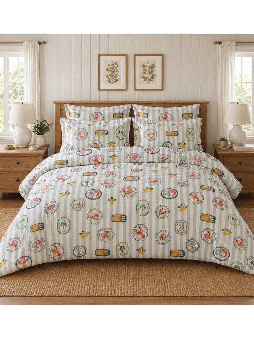 New Coastal Nautical Queen Duvet Cover Set Blue Striped Lobster Lemon Palm Tree